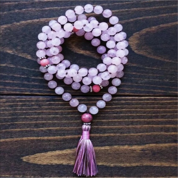 Earth Art hand crafted artisan Jewelry - Pink Quartz and Rhodochrosite HEALED HEART gemstone Mala